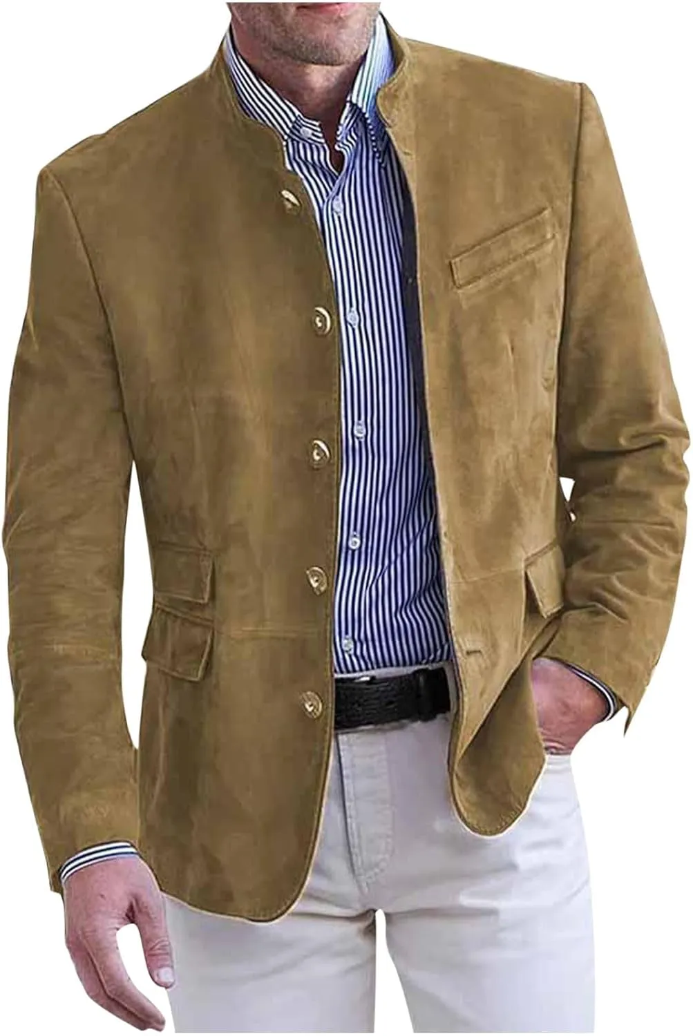 Men's Suede Blazer Jacket Single Breasted Collarless Sport Coats Slim Fit Long Sleeve Casual Suit Jackets