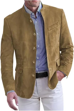 Men's Suede Blazer Jacket Single Breasted Collarless Sport Coats Slim Fit Long Sleeve Casual Suit Jackets