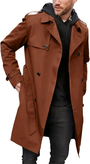 Men's Trench Coats Slim fit Double Breasted Belted Windbreaker Lapel Long Jackets Casual Windproof Overcoats