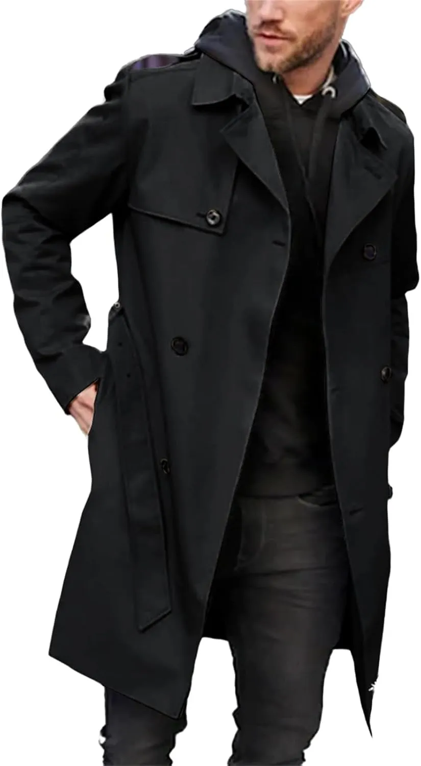 Men's Trench Coats Slim fit Double Breasted Belted Windbreaker Lapel Long Jackets Casual Windproof Overcoats