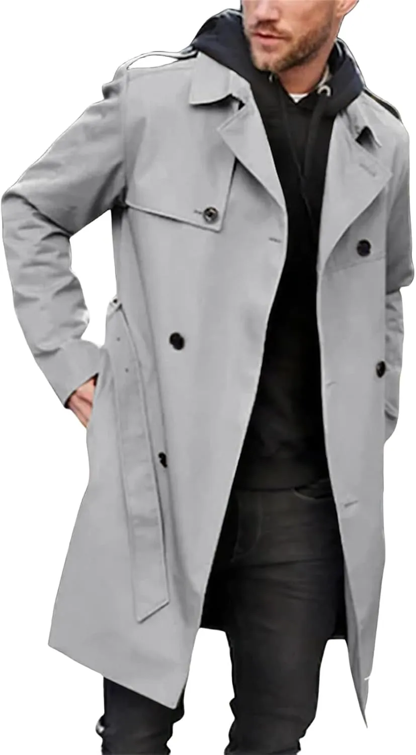 Men's Trench Coats Slim fit Double Breasted Belted Windbreaker Lapel Long Jackets Casual Windproof Overcoats