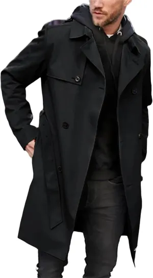 Men's Trench Coats Slim fit Double Breasted Belted Windbreaker Lapel Long Jackets Casual Windproof Overcoats