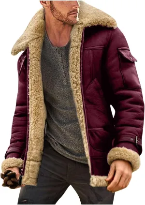Mens Winter Jacket Faux Suede Aviator Bomber Jacket Warm Shearling Leather Coat Zip Up Vintage Motorcycle Coat for Men