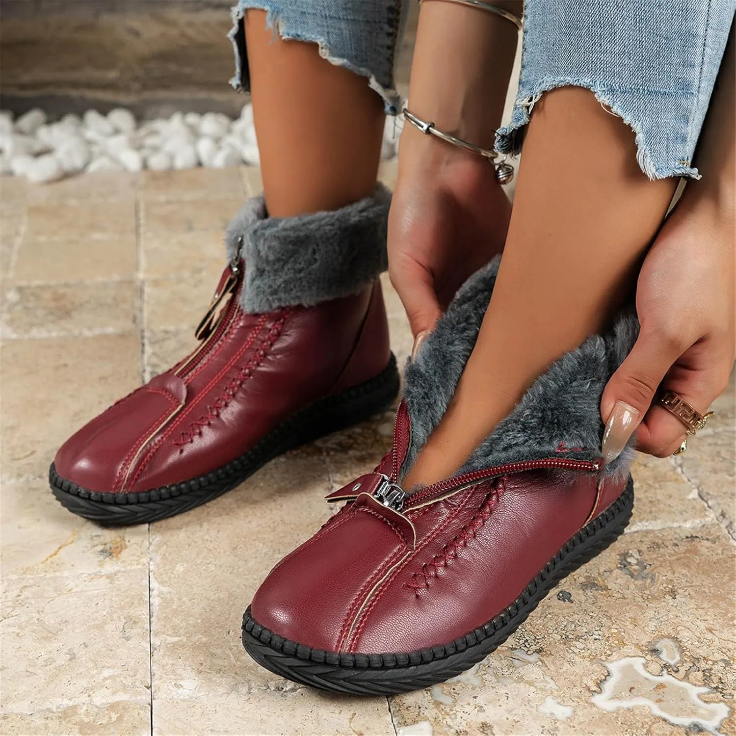 Mid Calf Winter Boots for Women Waterproof Snow Womens Snow Boots 9.5 Wide Waterproof Snow Boots Women Pull on Wide Calf Snow Boots for Women Low Heel Botas De Frio Para Mujer Bajita