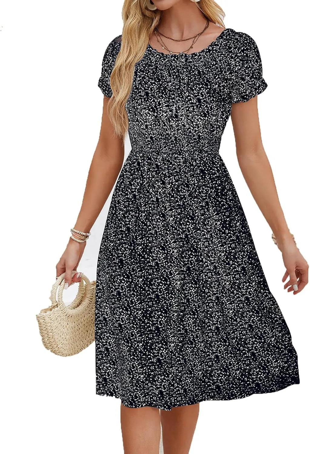 Midi Dresses for Women Floral Spring Dresses Ruffle Sleeve Crewneck Flowy Dress Wedding Guest Dress 2025 Trendy