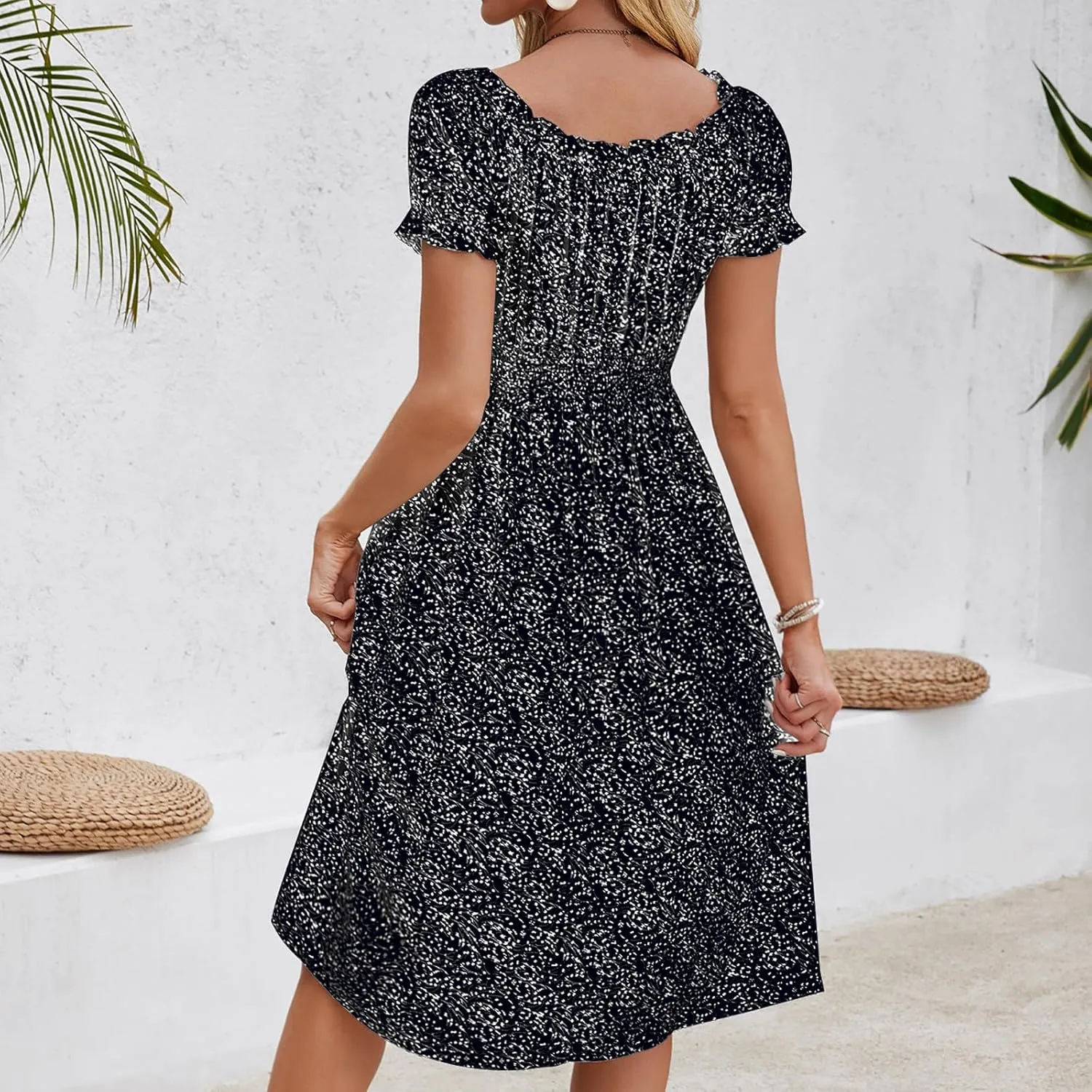 Midi Dresses for Women Floral Spring Dresses Ruffle Sleeve Crewneck Flowy Dress Wedding Guest Dress 2025 Trendy