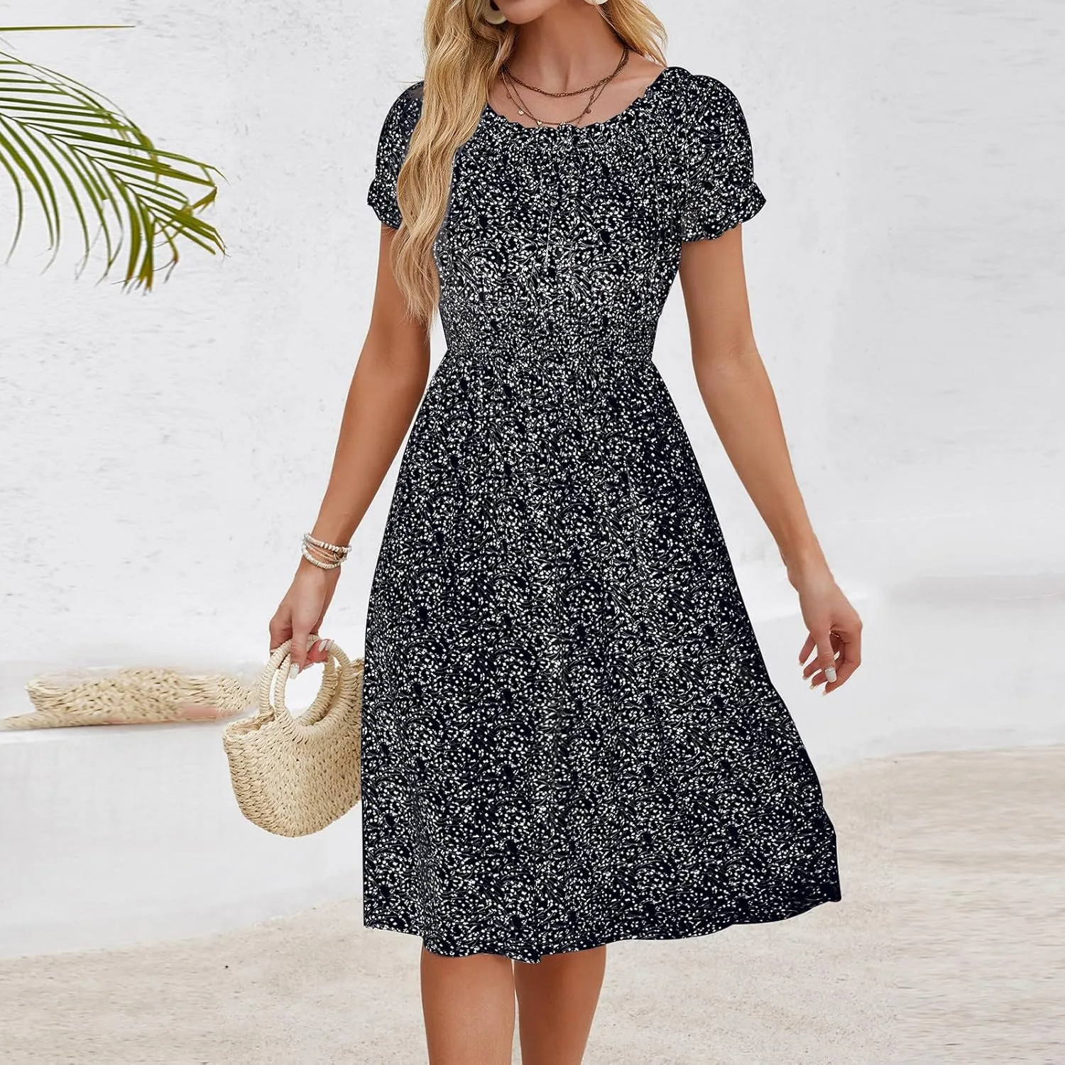 Midi Dresses for Women Floral Spring Dresses Ruffle Sleeve Crewneck Flowy Dress Wedding Guest Dress 2025 Trendy