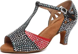 Minishion T-Strap Dance Shoes for Women Rhinestones Wedding Sandals