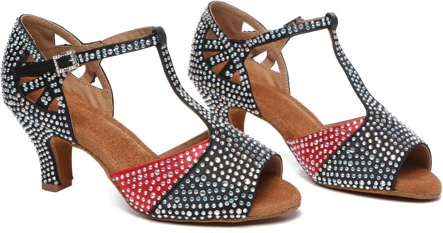 Minishion T-Strap Dance Shoes for Women Rhinestones Wedding Sandals