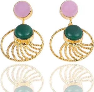 Modern 18K Gold Plated Green Malachite And Rose Quartz Fashion Designer Dangle Earrings