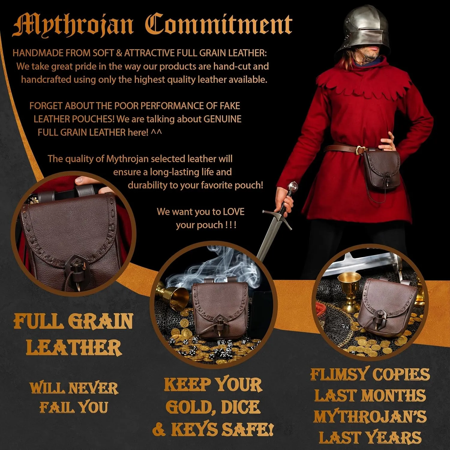 Mythrojan Viking Leather Belt Bag - Medieval & Renaissance Costume Accessories - LARP Waist Bag - Cosplay Coin Purse - Antique Vintage Coin Pouch