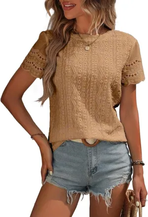 Narecte Womens Shirts,Summer Tops,Eyelet Embroidery T Shirts,Women Blouses Dressy Casual,Short Sleeve Scallop Trim Tee
