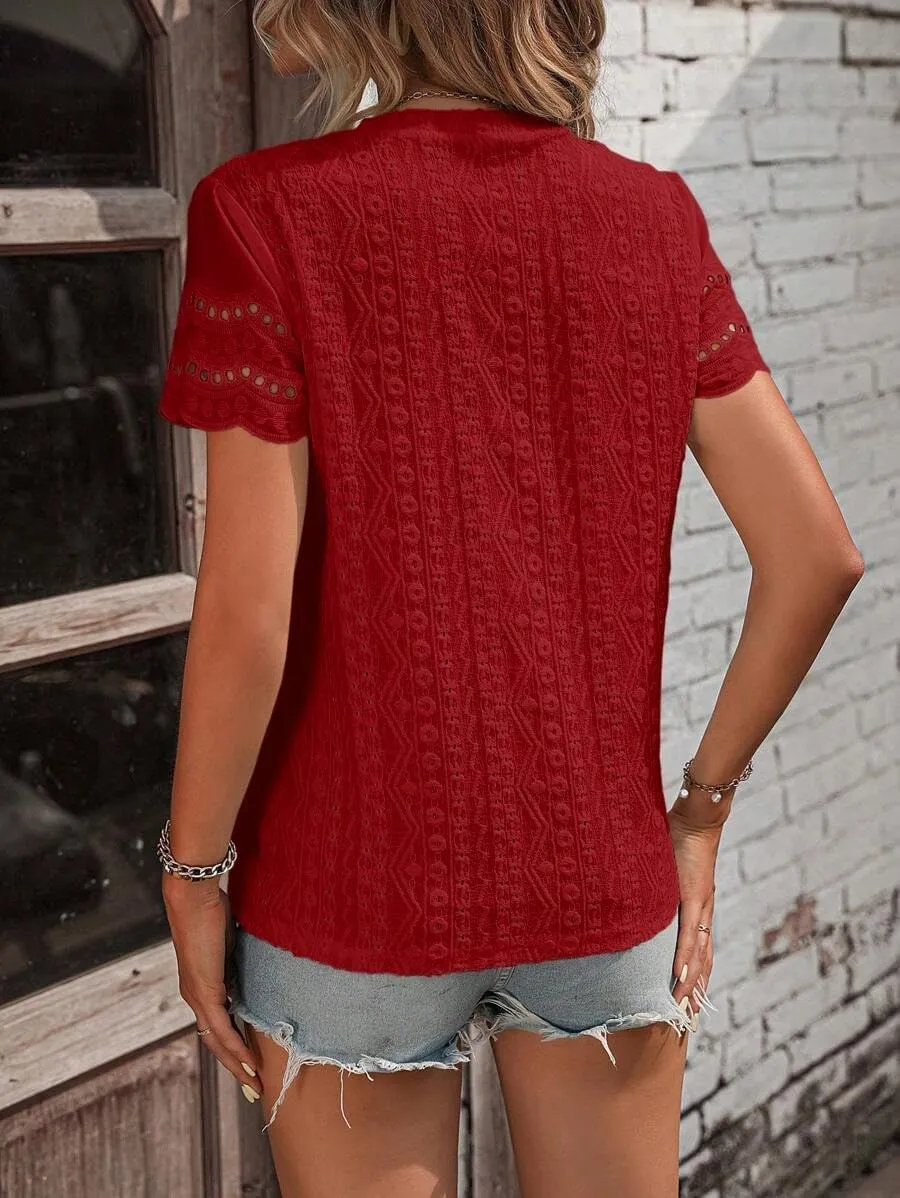 Narecte Womens Shirts,Summer Tops,Eyelet Embroidery T Shirts,Women Blouses Dressy Casual,Short Sleeve Scallop Trim Tee