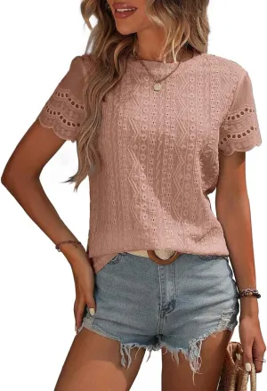 Narecte Womens Shirts,Summer Tops,Eyelet Embroidery T Shirts,Women Blouses Dressy Casual,Short Sleeve Scallop Trim Tee