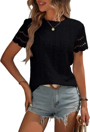 Narecte Womens Shirts,Summer Tops,Eyelet Embroidery T Shirts,Women Blouses Dressy Casual,Short Sleeve Scallop Trim Tee