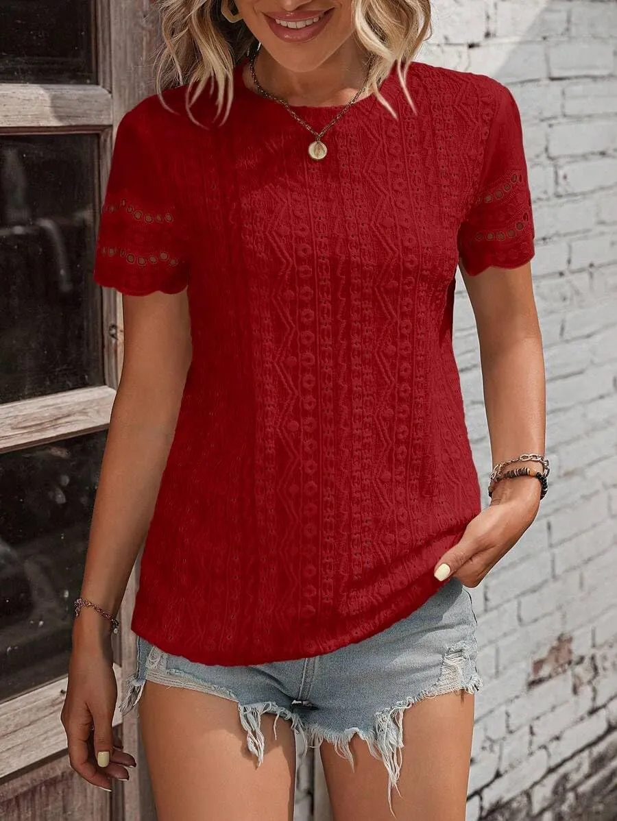 Narecte Womens Shirts,Summer Tops,Eyelet Embroidery T Shirts,Women Blouses Dressy Casual,Short Sleeve Scallop Trim Tee