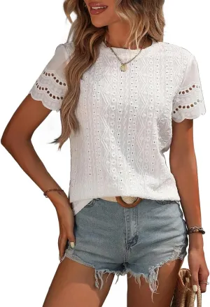 Narecte Womens Shirts,Summer Tops,Eyelet Embroidery T Shirts,Women Blouses Dressy Casual,Short Sleeve Scallop Trim Tee