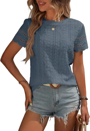 Narecte Womens Shirts,Summer Tops,Eyelet Embroidery T Shirts,Women Blouses Dressy Casual,Short Sleeve Scallop Trim Tee