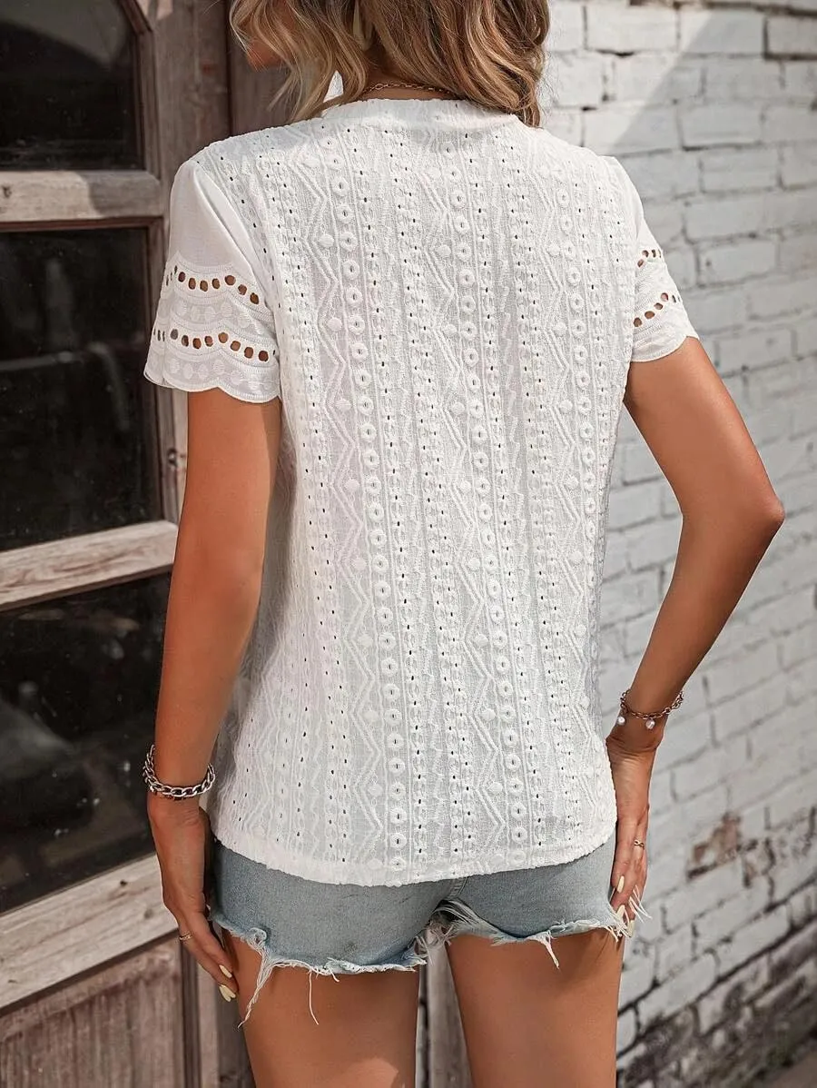 Narecte Womens Shirts,Summer Tops,Eyelet Embroidery T Shirts,Women Blouses Dressy Casual,Short Sleeve Scallop Trim Tee