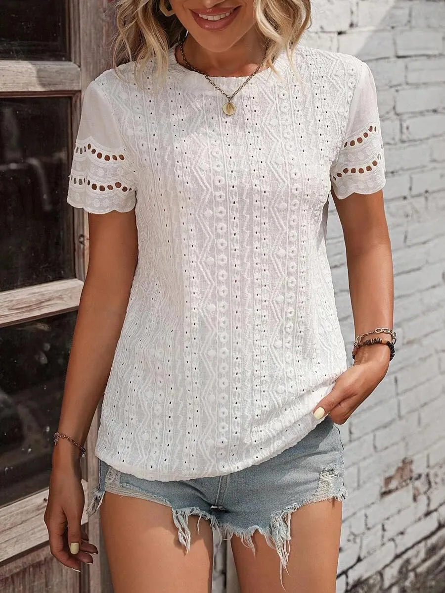 Narecte Womens Shirts,Summer Tops,Eyelet Embroidery T Shirts,Women Blouses Dressy Casual,Short Sleeve Scallop Trim Tee