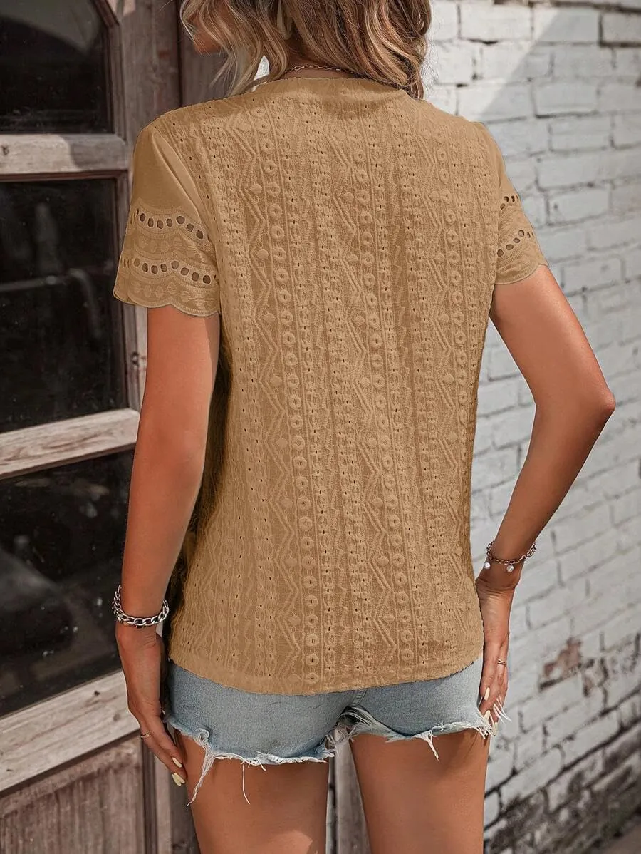 Narecte Womens Shirts,Summer Tops,Eyelet Embroidery T Shirts,Women Blouses Dressy Casual,Short Sleeve Scallop Trim Tee