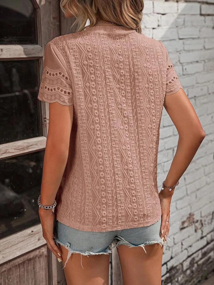 Narecte Womens Shirts,Summer Tops,Eyelet Embroidery T Shirts,Women Blouses Dressy Casual,Short Sleeve Scallop Trim Tee