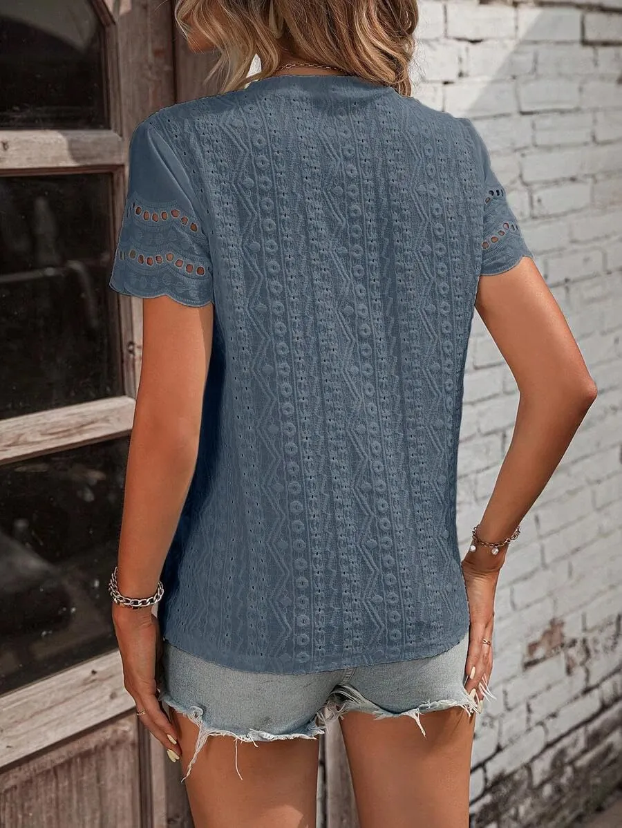 Narecte Womens Shirts,Summer Tops,Eyelet Embroidery T Shirts,Women Blouses Dressy Casual,Short Sleeve Scallop Trim Tee