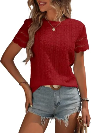 Narecte Womens Shirts,Summer Tops,Eyelet Embroidery T Shirts,Women Blouses Dressy Casual,Short Sleeve Scallop Trim Tee