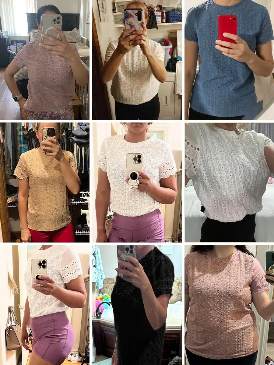 Narecte Womens Shirts,Summer Tops,Eyelet Embroidery T Shirts,Women Blouses Dressy Casual,Short Sleeve Scallop Trim Tee