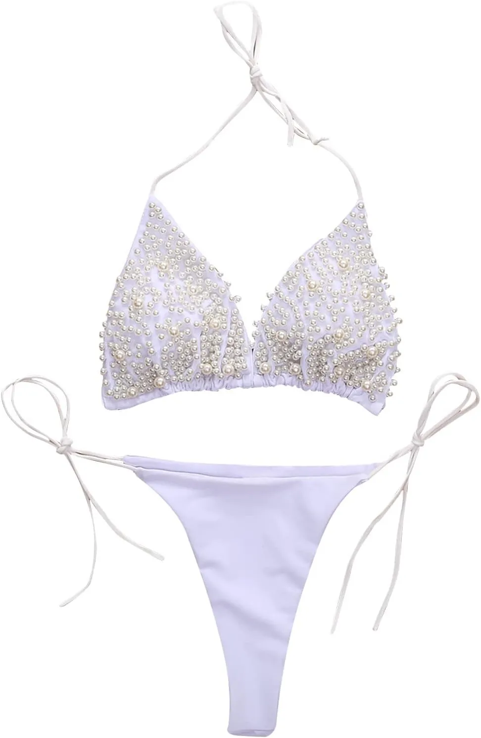 NaRHbrg Women's Sexy 2PCS Bikini Set Handmade Pearl Sequins Tankini Bra Swimsuit Lace Top Swimwear for Beach Praty