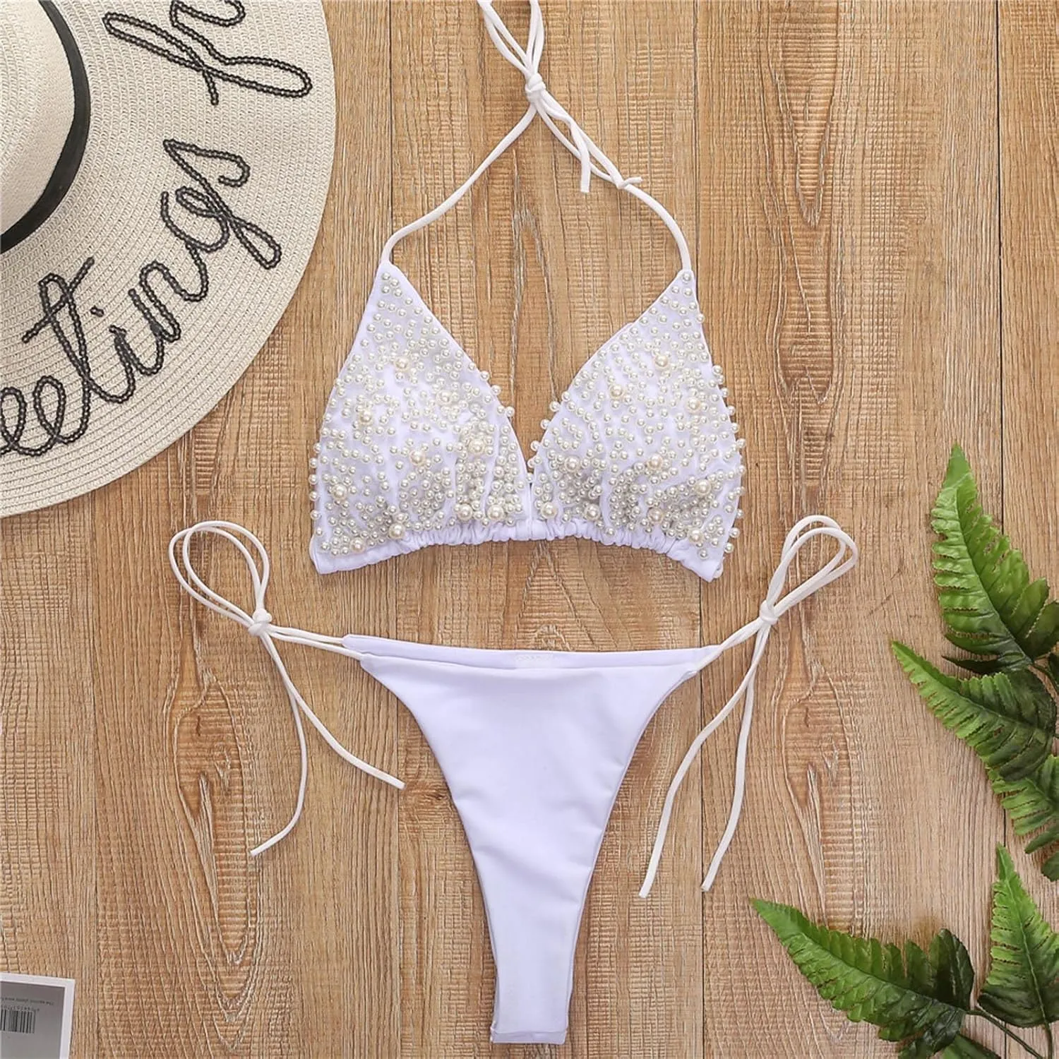 NaRHbrg Women's Sexy 2PCS Bikini Set Handmade Pearl Sequins Tankini Bra Swimsuit Lace Top Swimwear for Beach Praty