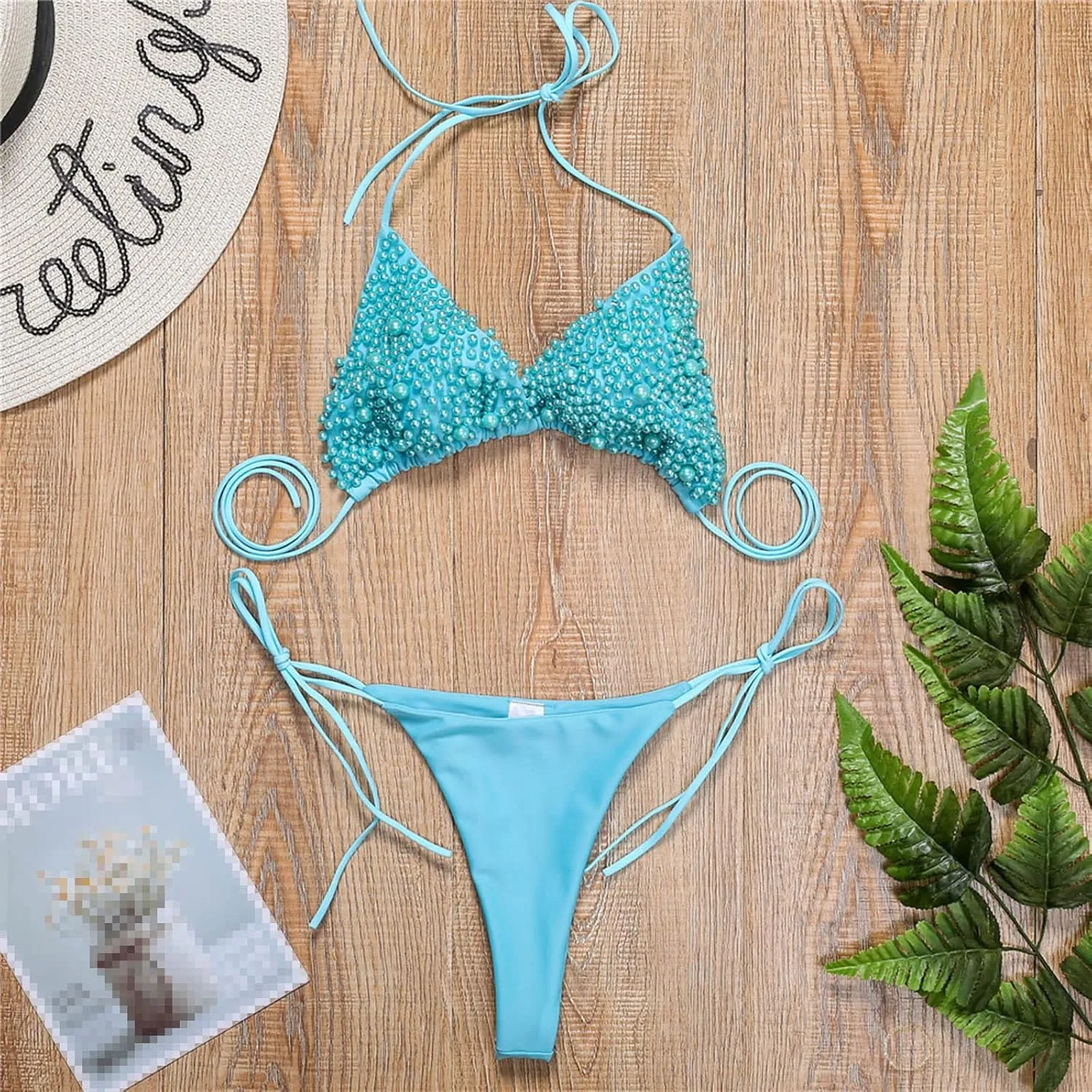 NaRHbrg Women's Sexy 2PCS Bikini Set Handmade Pearl Sequins Tankini Bra Swimsuit Lace Top Swimwear for Beach Praty