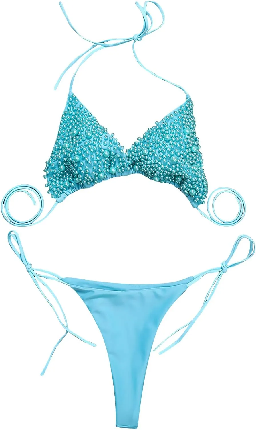 NaRHbrg Women's Sexy 2PCS Bikini Set Handmade Pearl Sequins Tankini Bra Swimsuit Lace Top Swimwear for Beach Praty