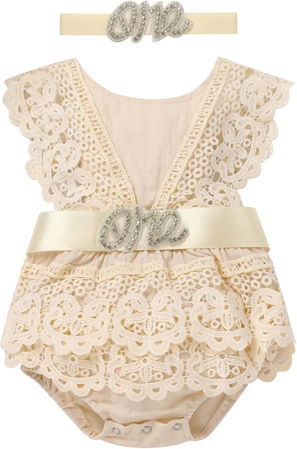 Newborn Baby 1st Birthday Outfit Boho Lace Romper Bodysuit Tutu Dress Shiny ONE Sash Headband Photo Shoot Clothes