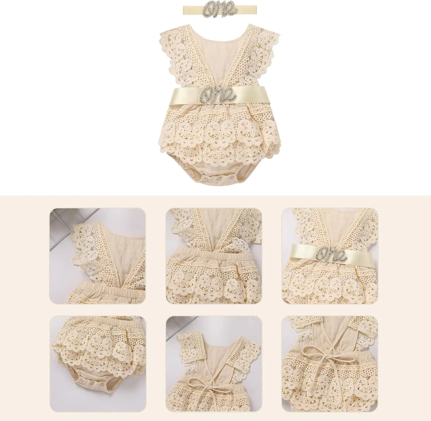 Newborn Baby 1st Birthday Outfit Boho Lace Romper Bodysuit Tutu Dress Shiny ONE Sash Headband Photo Shoot Clothes