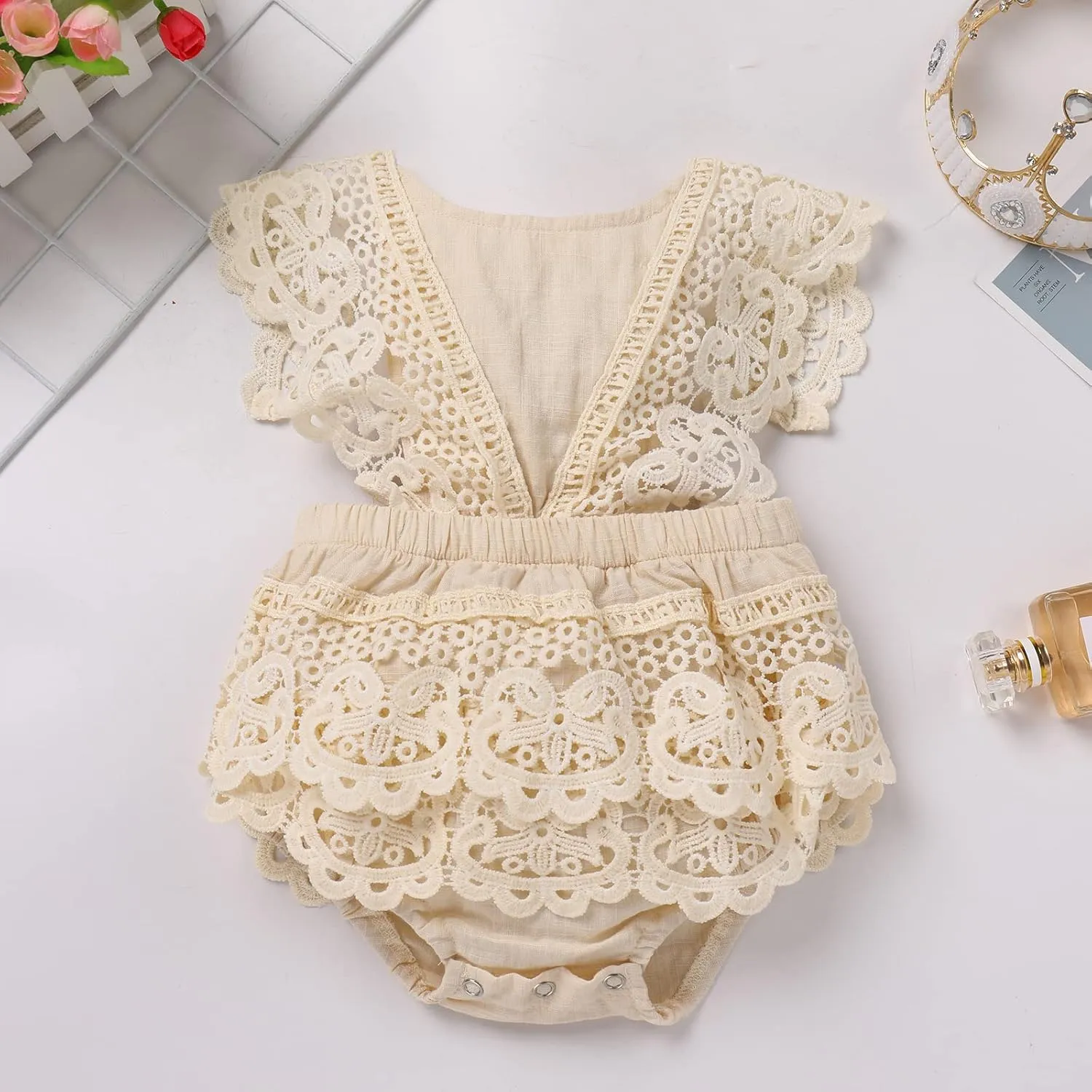 Newborn Baby 1st Birthday Outfit Boho Lace Romper Bodysuit Tutu Dress Shiny ONE Sash Headband Photo Shoot Clothes