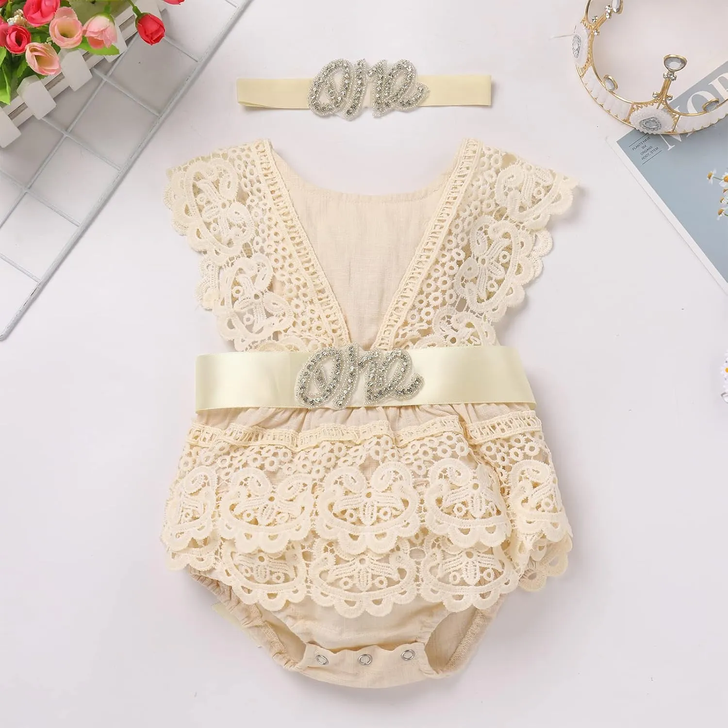 Newborn Baby 1st Birthday Outfit Boho Lace Romper Bodysuit Tutu Dress Shiny ONE Sash Headband Photo Shoot Clothes