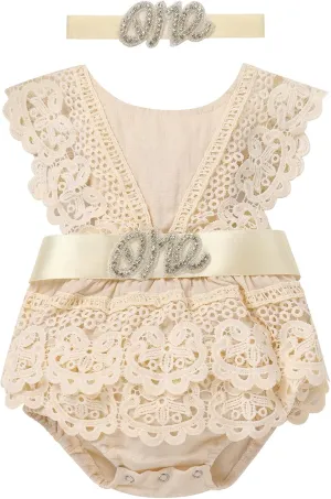 Newborn Baby 1st Birthday Outfit Boho Lace Romper Bodysuit Tutu Dress Shiny ONE Sash Headband Photo Shoot Clothes