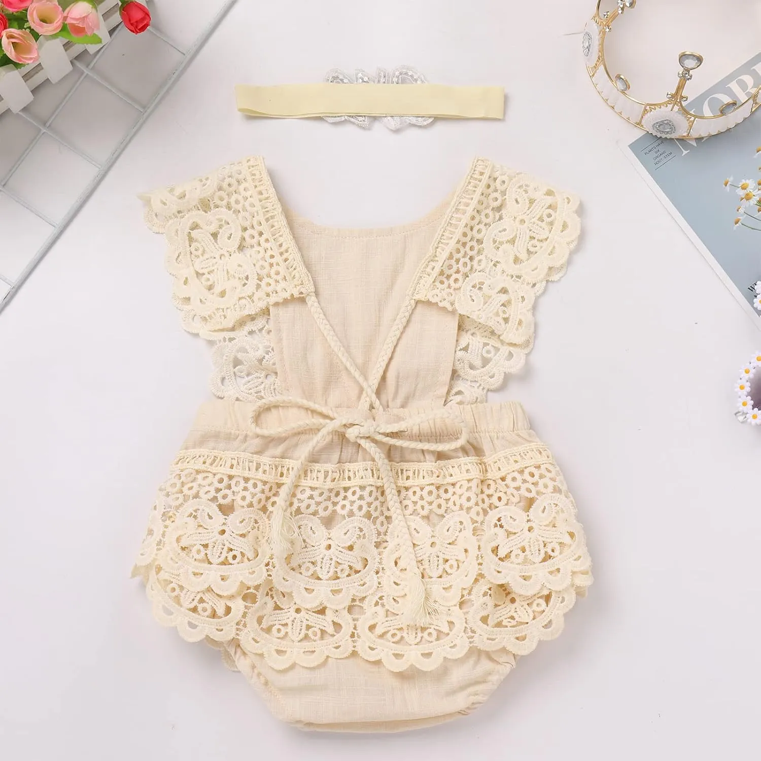 Newborn Baby 1st Birthday Outfit Boho Lace Romper Bodysuit Tutu Dress Shiny ONE Sash Headband Photo Shoot Clothes