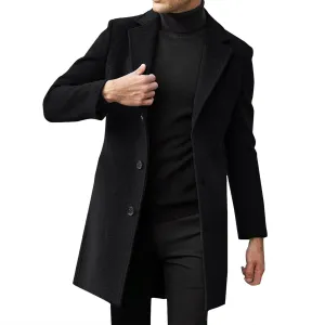 Notched Collar Trench Coat for Men Big and Tall Single Breasted Long Sleeve Winter Pea Coats Lapel Long Overcoats