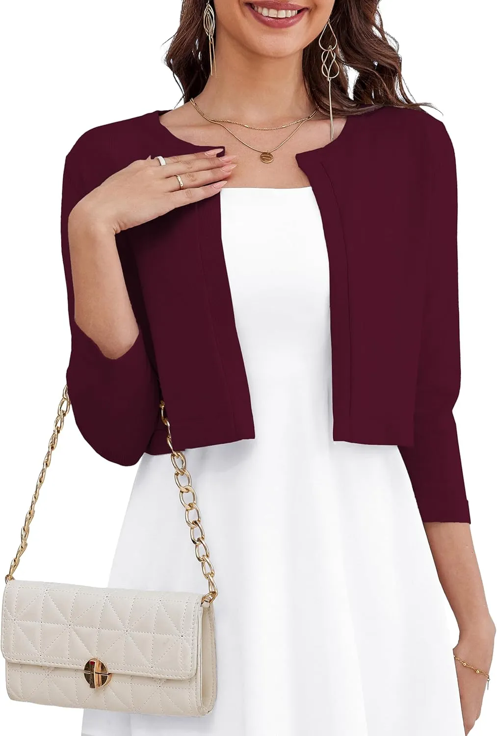 OmicGot Women's 3/4 Sleeve Open Front Knit Cropped Bolero Shrug Cardigan Sweater for Women S-XL