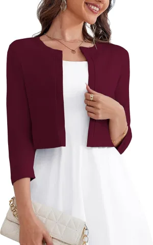 OmicGot Women's 3/4 Sleeve Open Front Knit Cropped Bolero Shrug Cardigan Sweater for Women S-XL