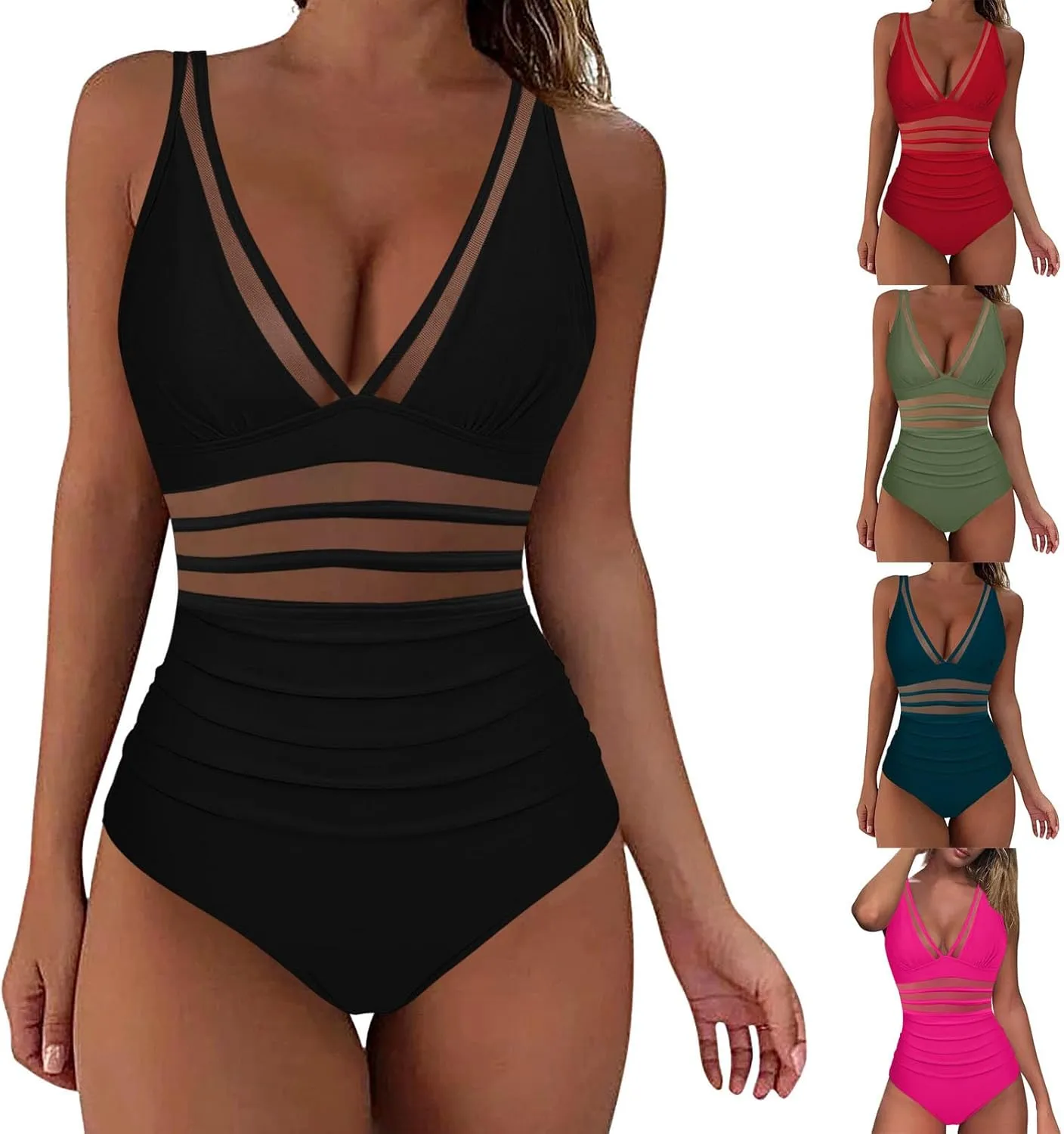 One Piece Swimsuit Women Tummy Control Sexy Mesh Bathing Suits Push Up Slimming Swimsuits Adjustable Strap Swimwear