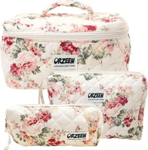 Orzeen 3Pcs Floral Quilted Makeup Bags - Makeup Bags for Women - Cotton Make Up Bag Set - Makeup Bag Floral & Toiletry Organizer - Fashionable Trendy Makeup Box & Caboodle, Gift for Girls & Women