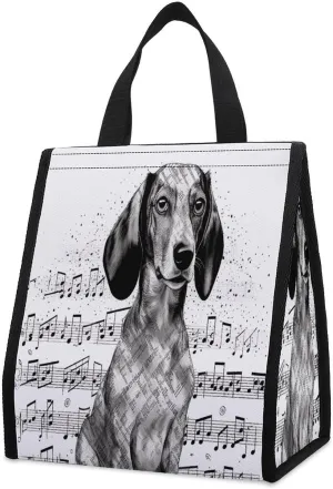 Outdoor Cooler Bags, Dachshund Music Notes Printed Cooler Bag, Insulated Tote Bag, Grocery Tote Bag