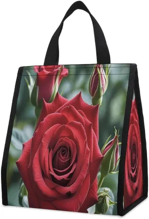 Outdoor Cooler Bags, Red Rose Flower Printed Cooler Bag, Insulated Tote Bag, Grocery Tote Bag