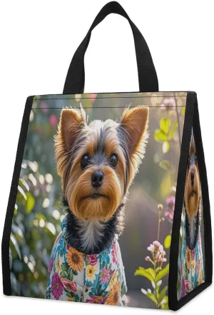Outdoor Cooler Bags, Yorkie Floral Printed Cooler Bag, Insulated Tote Bag, Grocery Tote Bag