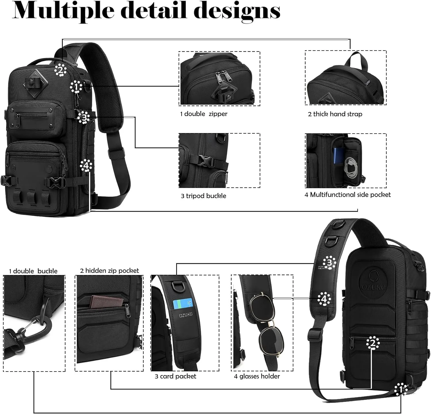 OZUKO Multipurpose Sling Bag for Men, Large Capacity Crossbody Shoulder Bag Waterproof Sling Chest Backpack with Tripod Holder Fit for Outdoor Travel Photography (Black)