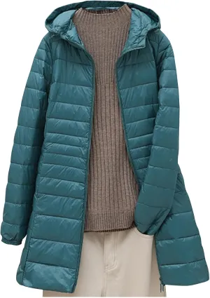 Packable Puffer Jacket Women Lightweight Padded Coats with Hood Long Winter Warm Casual Travel Down Jackets