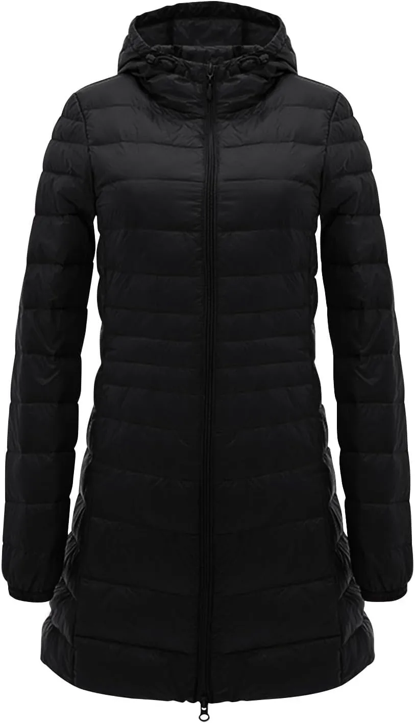 Packable Puffer Jacket Women Lightweight Padded Coats with Hood Long Winter Warm Casual Travel Down Jackets
